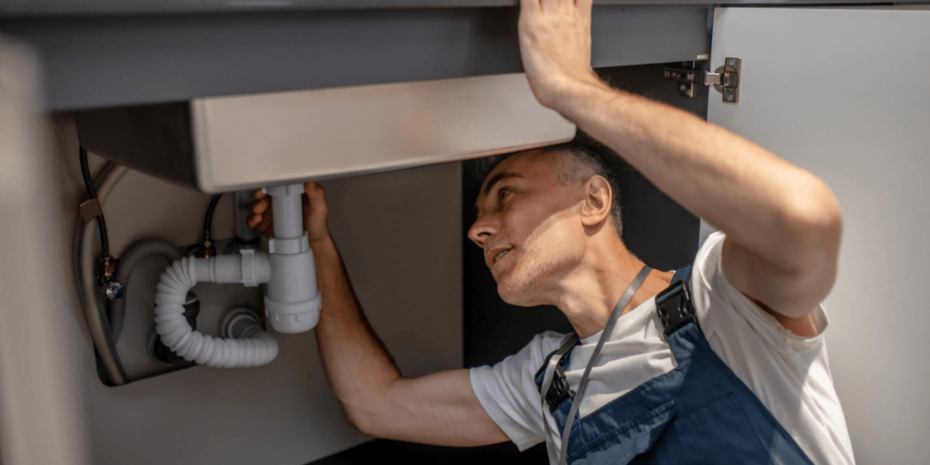 A man kneels beside a kitchen sink, repairing plumbing with tools and focused on the task at hand.